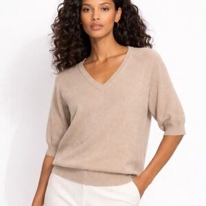 House Of Harlow 1960 Sweater Womens M Beige 100% Cashmere V Neck Knit Pullover